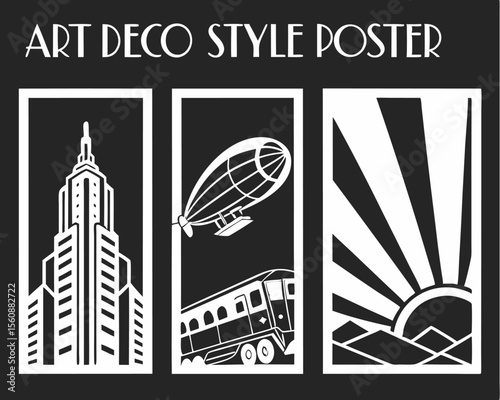 The Retro Future Transport poster set includes an assortment of Art Deco style designs featuring a car, locomotive, airplane, dirigible, and a cityscape silhouette