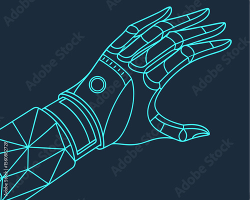 The design combines retro 80s futuristic elements with deep space and a polygonal human hand making a gesture of offering help