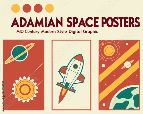 The graphic style of mid century modern is evident in Atomic Age space posters