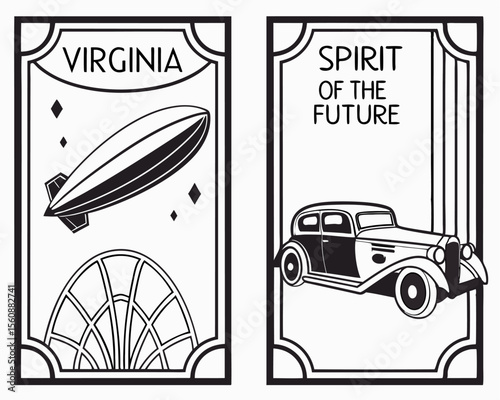Spirit of Future' is a poster set that captures the essence of 1920s Art Deco Style, depicting Retro Future Transport in the form of Cars, Airplanes, Dirigibles, and Locomotives