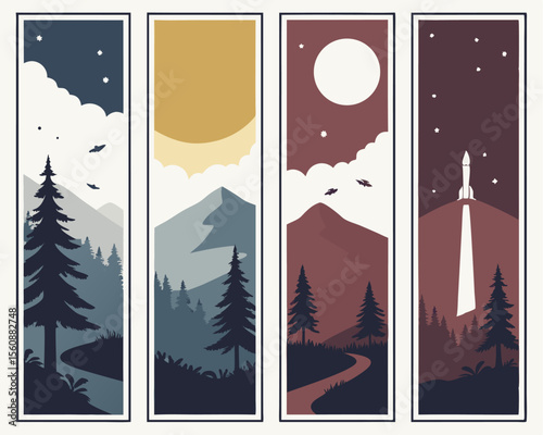 Illustrations in a retro futurism style depicting distant worlds with diverse landscapes including sand deserts, forests, mountains, clouds, rocks, and space rockets