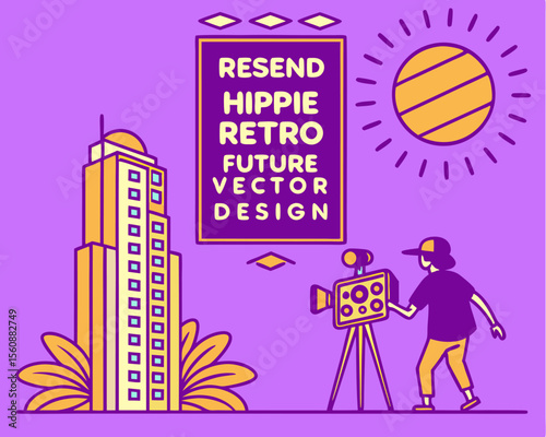 The background of a neon city provides the setting for a vector illustration of a vintage retro font
