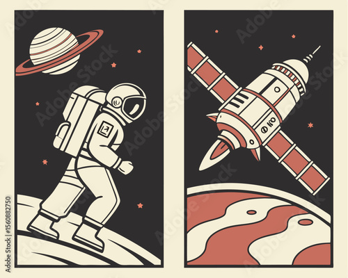 Posters of Space Astronautics feature an astronaut, spacecraft, rockets, planets, an asteroid in a retro style