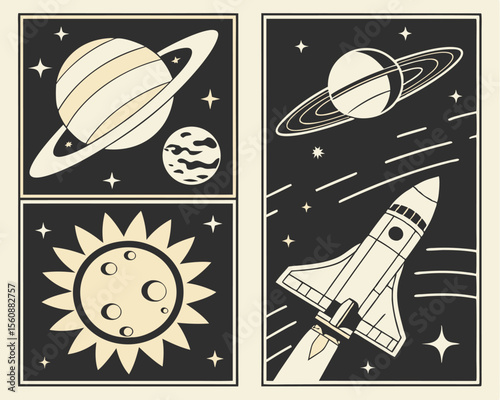 Cosmic posters, covers, and illustrations can be created using the Cosmic Panorama Set, which includes space background templates with stars, planets, and space rockets