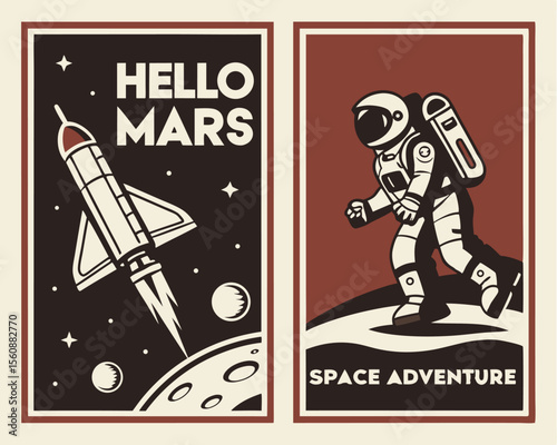 The Space Journeys Illustration Set embodies Retro Futurism and Sci Fi elements commonly found in Books and Comics Covers, highlighting Space Rockets, Astronauts, and the Surfaces of Alien Planets