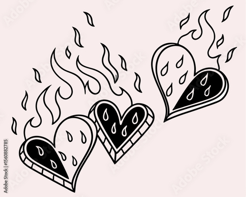 A set of vector minimal line illustrations featuring trendy abstract y2k hearts and flames, along with minimal tattoo compositions and graphic design elements