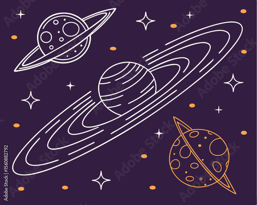 Abstract red and blue space vector illustration with horizontal orientation, including a star, planet, and line