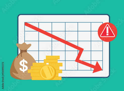 Economic and financial crisis concept. Stock market graph falling, money loss, investment failures and budget collapse