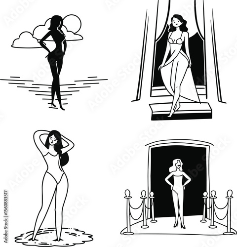 Illustrations of Woman in Different Settings like Beach and Fashion Show