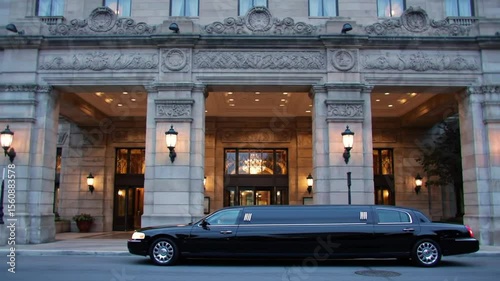 A black limousine parked in front of an ornate building with lit lamps and open doors visible