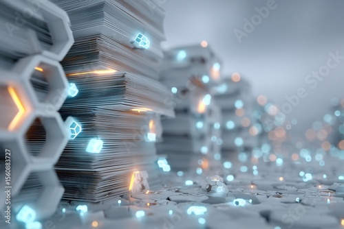 Conceptual artwork symbolizing academic publishing open journal stack of peer reviewed article glowing network of interconnected research node digital text stream light blue white color palette