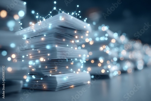Conceptual artwork symbolizing academic publishing open journal stack of peer reviewed article glowing network of interconnected research node digital text stream light blue white color palette