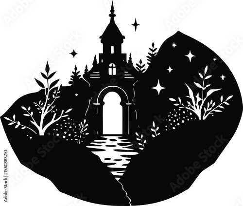 Clifftop Secret Garden Silhouette, Hidden Garden on Cliff Silhouette