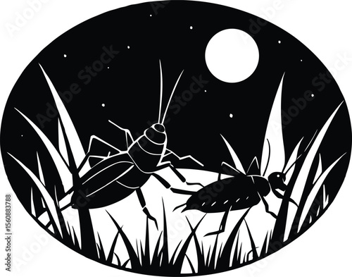 Crickets In Grass Under Moonlight Silhouette, Moonlit Grass Insects Silhouette