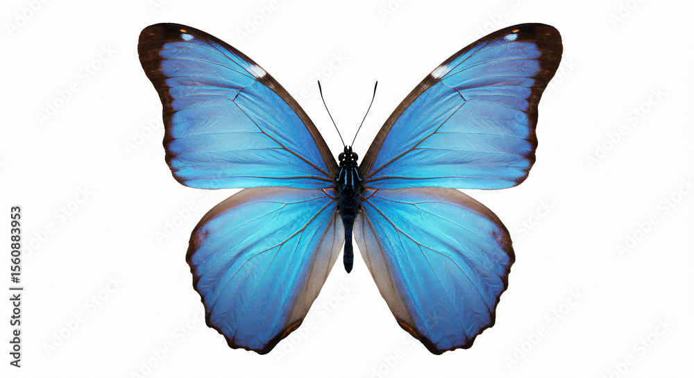 Fototapeta premium Blue butterfly with open wings on a white minimalist background, delicate insect illustration with fine wing details