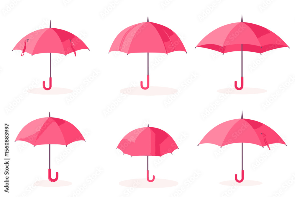Obraz premium A collection of umbrellas is depicted from the top, showcasing both open and closed umbrellas, on a white background, in a flat design style suitable for digital and print media
