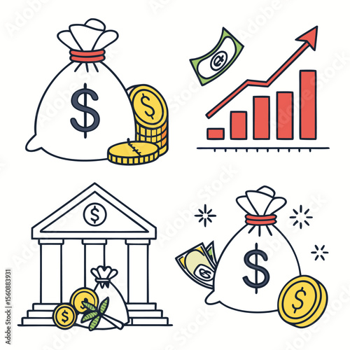 Vector Set of Money Bags – Budget, Profit, and Currency Icons.AI/EPS/PNG/JPEG
