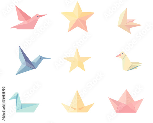A collection of origami folded paper shapes, including a bird, crane, frog, butterfly, box, and tulip, is presented as a flat illustration set in black silhouette icon form