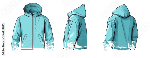 Technical fashion illustration of a zipped jacket, including a hooded sweatshirt and raincoat, in a flat drawing template with front and back views, available in white and aqua colors for women, men