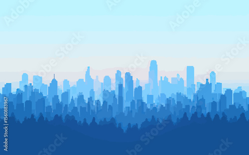 The city skyline is depicted as a silhouette, set against a blue-colored background with a flat icon design