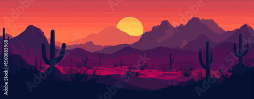 A vibrant desert landscape at sunset, featuring cacti silhouettes set against the sky, depicted in a modern flat minimalist style as an isolated illustration