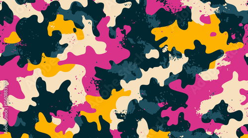 Modern colored blots are accompanied by seamless rectangular four-colored patterns, multi-colored spots, flat drops, and smudges