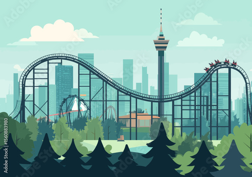 Modern illustration of a contemporary amusement park's silhouette against a landscape