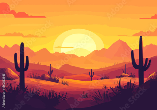 Modern illustration depicting a desert landscape featuring cactus, hills, and mountain silhouettes set against a nature sunset backdrop of a mountainous landscape, symbolizing extreme tourism and