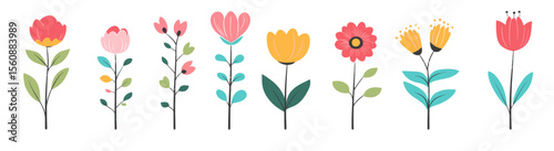 Vibrant flowers are depicted in isolation on a white backdrop, showcasing a diverse array of blooms in a contemporary flat style, including a singular modern flower icon and a collective row of