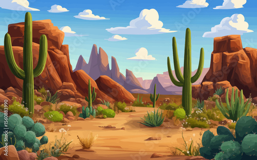 A modern, horizontal illustration of a desert landscape featuring stone, plants, and rocks under a sunny sky with a blue backdrop