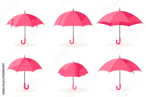 A collection of umbrellas is depicted from the top, showcasing both open and closed umbrellas, on a white background, in a flat design style suitable for digital and print media
