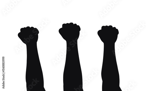 A crowd protester's raised fist is depicted in a flat icon design set against a white background