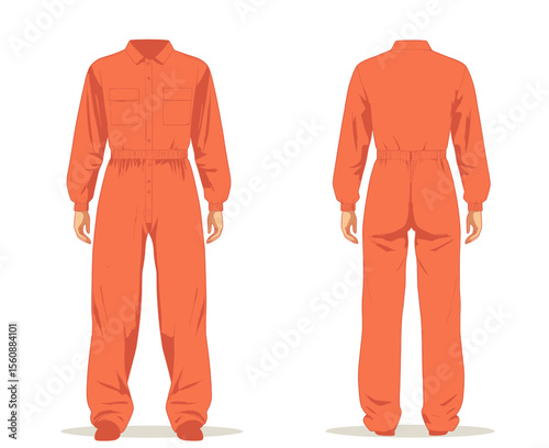 Technical fashion illustration of a boilersuit coverall dungaree jumpsuit featuring full length, normal waist, high rise, pockets, and long sleeves, with a flat front and back in a white color style