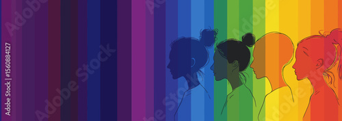 Modern flat illustration representing Pride Month with silhouettes of LGBTQ+ individuals and a rainbow banner featuring a color gradient