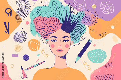 The illustration features a female illustrator in a state of madness, presented in a flat modern style with CMYK pastel colors, and was created using Stock