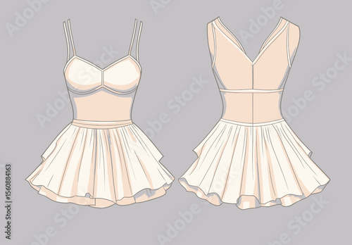 Technical fashion illustration of a women's mini dress with detailed specifications