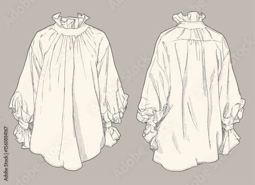 Technical fashion illustration of a Tiered Mini Dress, featuring a ruffled design with frill details, long sleeves, a collar, and an oversized fit, shown in white from both front and back views as a