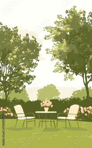 A minimalistic flat design landscape illustration of a garden, suitable for use as a wallpaper, background, postcard, or poster, is available as stock
