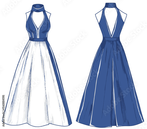 Technical fashion illustration of a Halter Dress with a blue design, and a Maxi Dress fashion template with a zip-up, asymmetric bottom, and front and back view in white