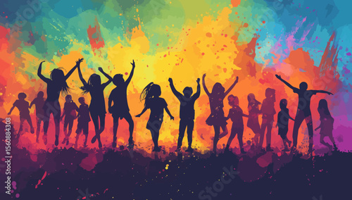 A modern flat design depicts silhouettes of people from all age groups rejoicing in Holi, symbolizing the festivity's diverse and joyful nature