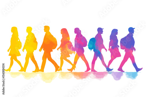 The walking marathon features people running in front of a colorful poster with a modern illustration background and silhouette