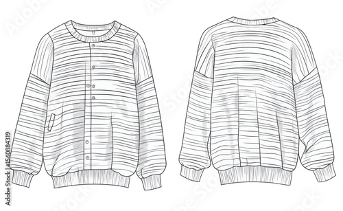 The technical fashion illustration depicts a Women's Nautical Striped Cardigan, showcasing front and back views in white