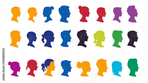 A collection of colorful silhouettes featuring human face profiles in side view, paired to face each other