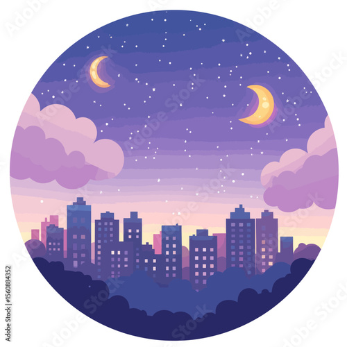 Cityscape at night with a moonlit backdrop in an anime-inspired neo-crisp style featuring neon hues and flat colors