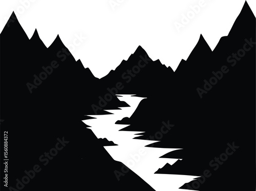 Misty Valley Between Peaks Silhouette, Cloudy Mountain Valley Silhouette