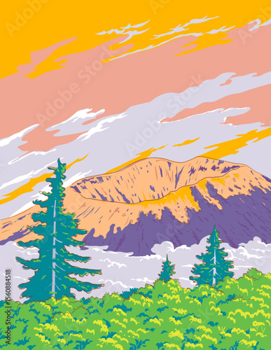 Ukiyo-e or ukiyo wpa style illustration of Mount Bandai within Bandai-Asahi National Park in Tohoku region, Honshu, Japan.

