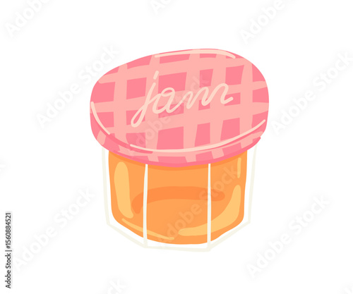 Cute hand-drawn jar of jam with a pink lid. Bright and sweet illustration perfect for food-related designs, breakfast concepts, or organic product labels
