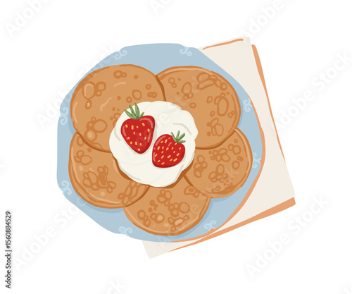 Stack of delicious pancakes with strawberries and cream. Cozy hand-drawn breakfast food illustration, perfect for cafe menus, recipe cards, or food blogs.