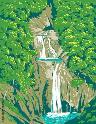 Ukiyo-e or ukiyo wpa style illustration of Nanatsugama Falls in Chichibu-Tama-Kai National Park at the intersection of Saitama, Yamanashi, Nagano and Tokyo Prefectures, Japan.