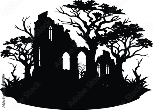 Tree Covered Ruins In Nature Silhouette, Abandoned Structure in Trees Silhouette